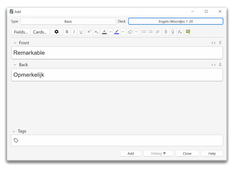 Anki flashcard voor engels woordenlijst invoeren.