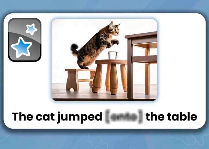 Anki flashcard voor grammatica met afbeelding van kat die op de tafel spring, en tekst eronder.